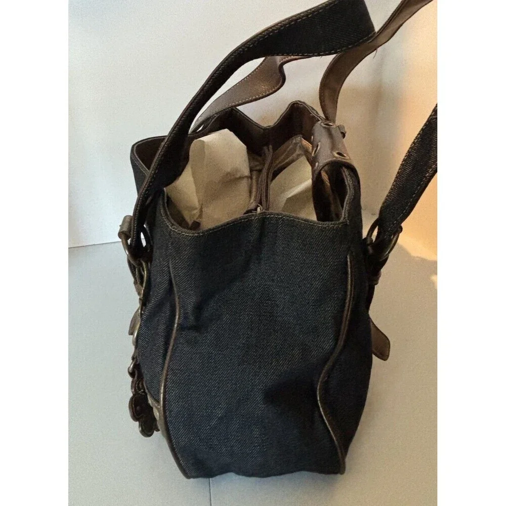 Franco Sarto Denim Blue & Brown Metallic Grommet Studded Y2K Satchel Tote Purse